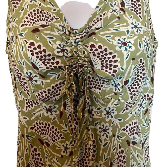 Loco Lindo Y2K Vintage Small Green Floral Silky Ruched Front Tie Blouse Top - Picture 3 of 7
